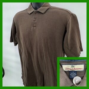 Tommy Bahama Polo Shirt Mens‎ Size S Brown Striped Silk Cotton Short Sleeve